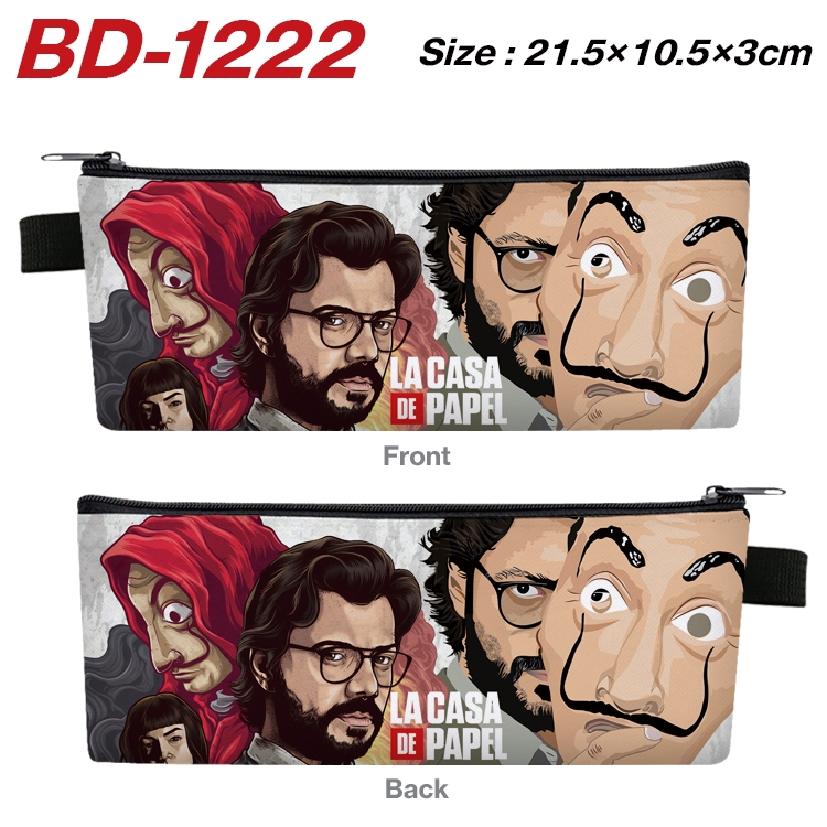 Money Heist Anime Peripheral PU Leather Zipper Pencil Case Stationery Box 21.5X10.5X3CM BD-1222