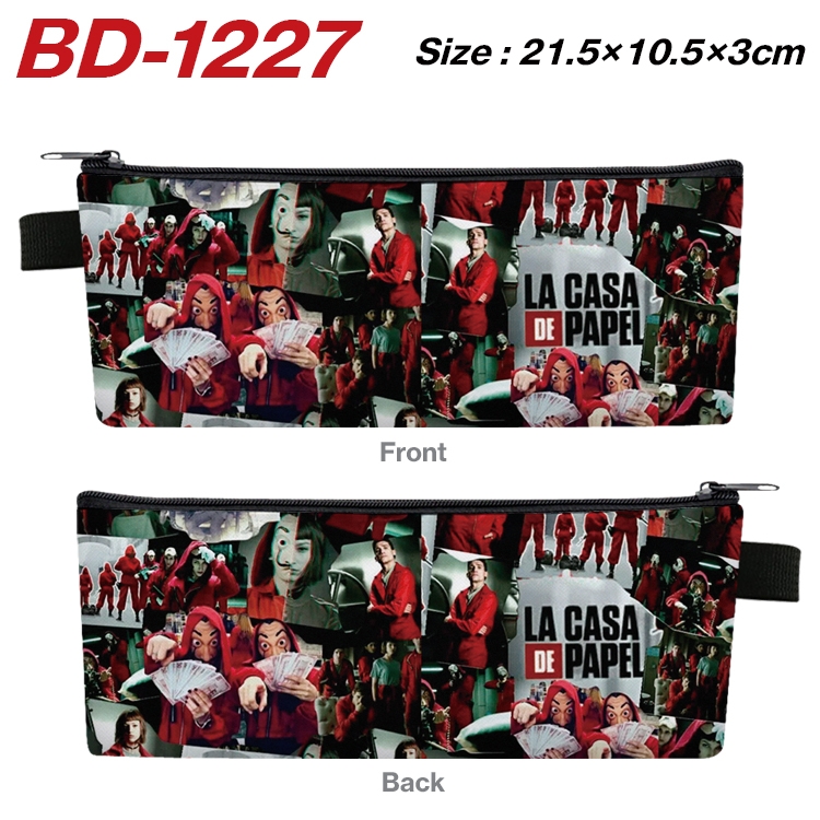 Money Heist Anime Peripheral PU Leather Zipper Pencil Case Stationery Box 21.5X10.5X3CM BD-1227