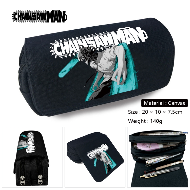 chainsaw man Anime Multi-Function Double Zipper Canvas Cosmetic Bag Pen Case 20x10x7.5cm