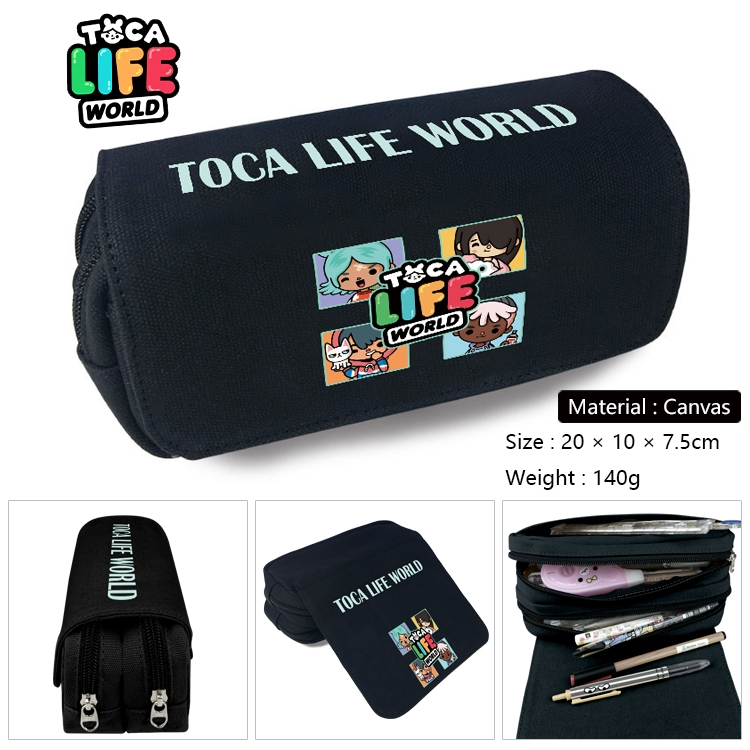 toca life world  Anime Multi-Function Double Zipper Canvas Cosmetic Bag Pen Case 20x10x7.5cm