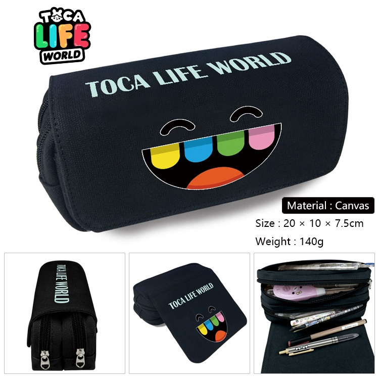 toca life world  Anime Multi-Function Double Zipper Canvas Cosmetic Bag Pen Case 20x10x7.5cm