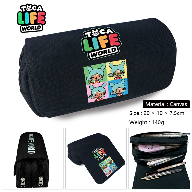 toca life world  Anime Multi-Function Double Zipper Canvas Cosmetic Bag Pen Case 20x10x7.5cm