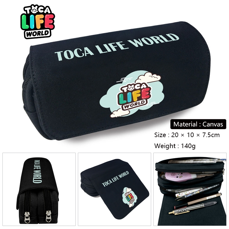 toca life world  Anime Multi-Function Double Zipper Canvas Cosmetic Bag Pen Case 20x10x7.5cm