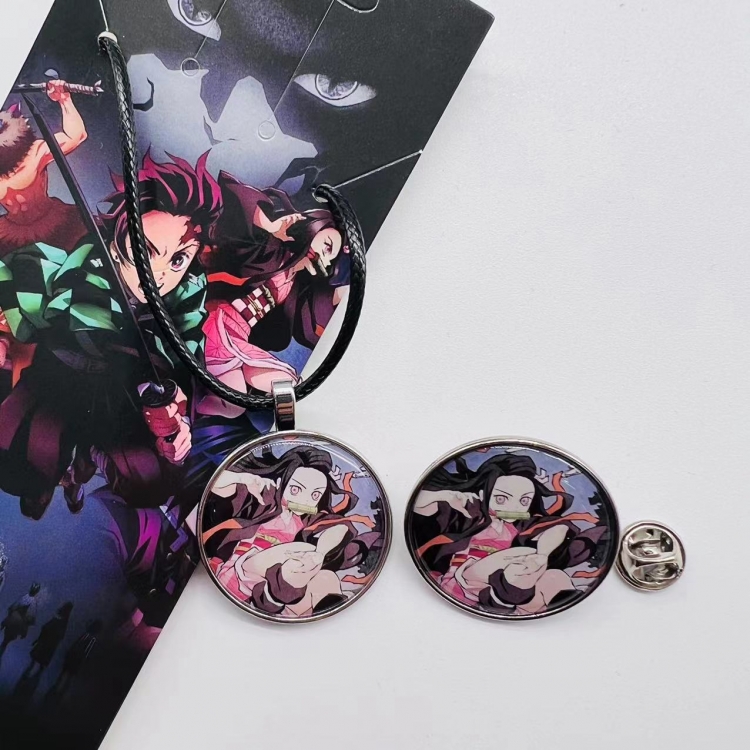 Demon Slayer Kimets Anime Cartoon Necklace Brooch Badge 2 Piece Set  322