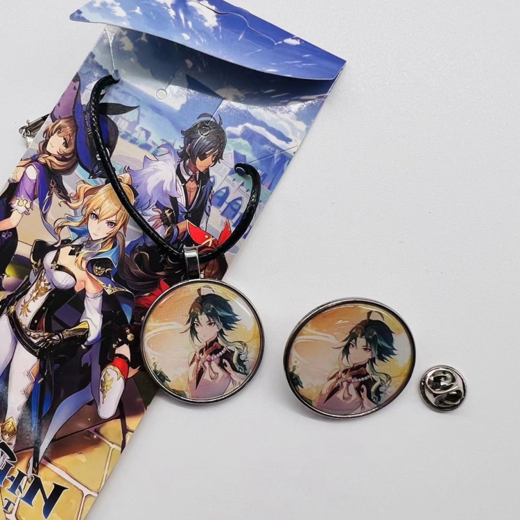 Genshin Impact Anime Cartoon Leather Rope Necklace Brooch 2 Piece Set 849