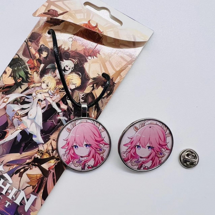 Genshin Impact Anime Cartoon Leather Rope Necklace Brooch 2 Piece Set 716
