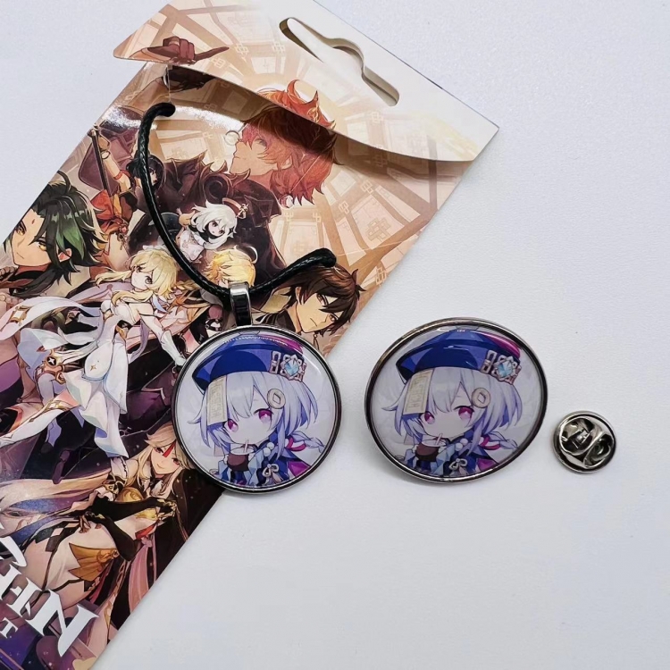 Genshin Impact Anime Cartoon Leather Rope Necklace Brooch 2 Piece Set 720