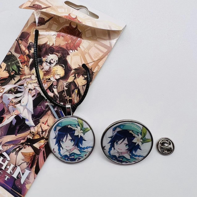 Genshin Impact Anime Cartoon Leather Rope Necklace Brooch 2 Piece Set 733