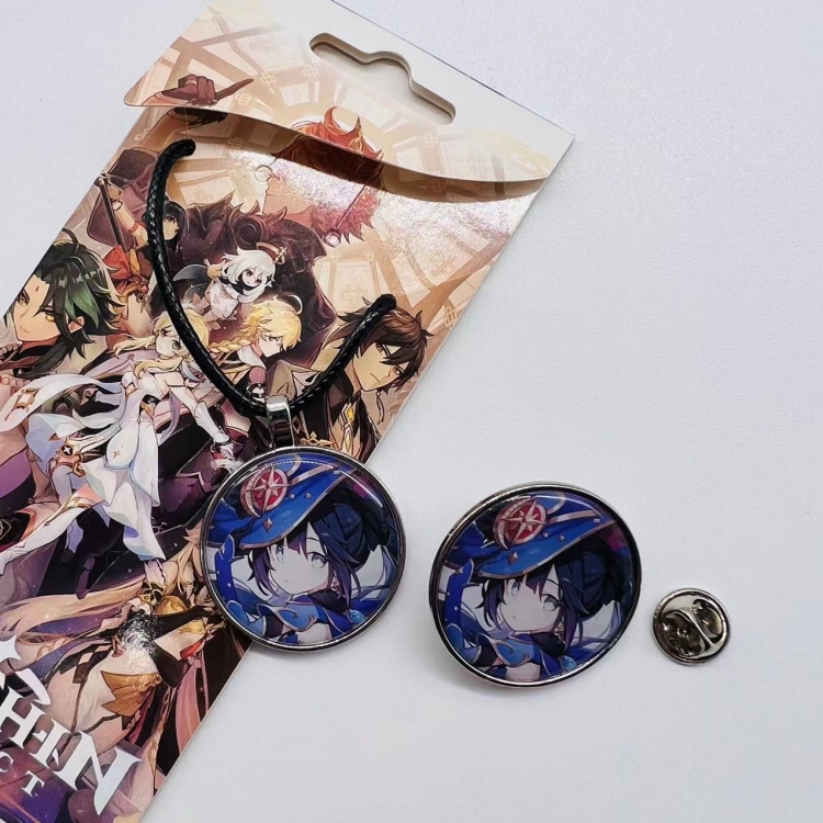 Genshin Impact Anime Cartoon Leather Rope Necklace Brooch 2 Piece Set  811