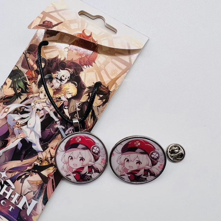 Genshin Impact Anime Cartoon Leather Rope Necklace Brooch 2 Piece Set 729