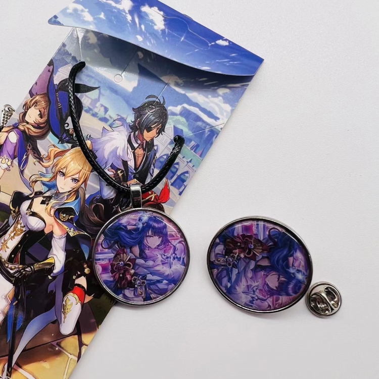 Genshin Impact Anime Cartoon Leather Rope Necklace Brooch 2 Piece Set  833