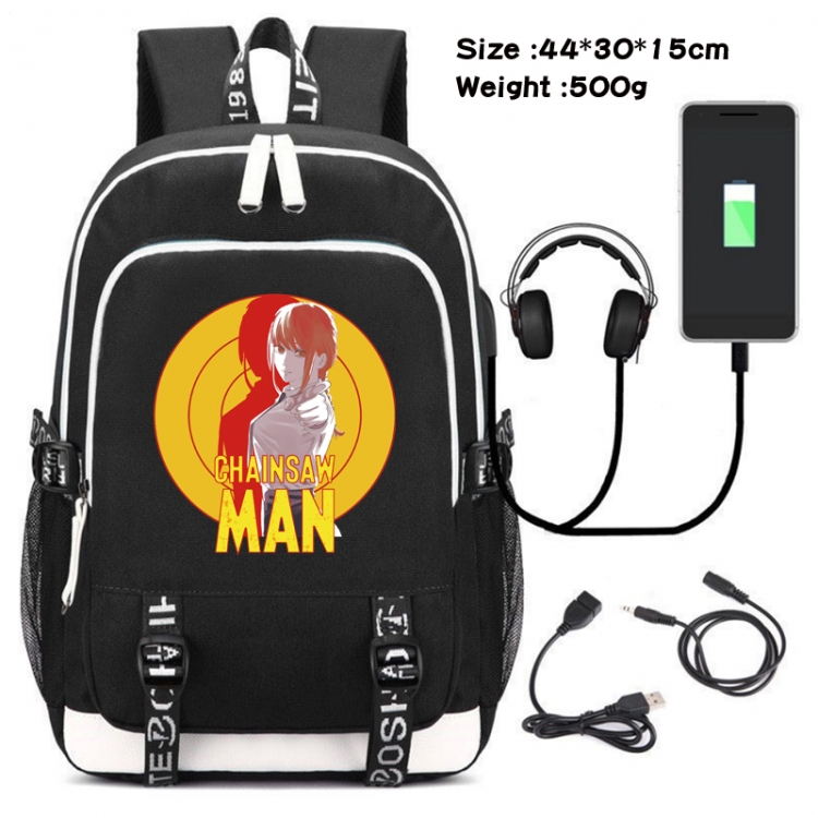 chainsaw man  Canvas Double Shoulder White Zipper Data Backpack Waterproof School Bag 44X30X15CM