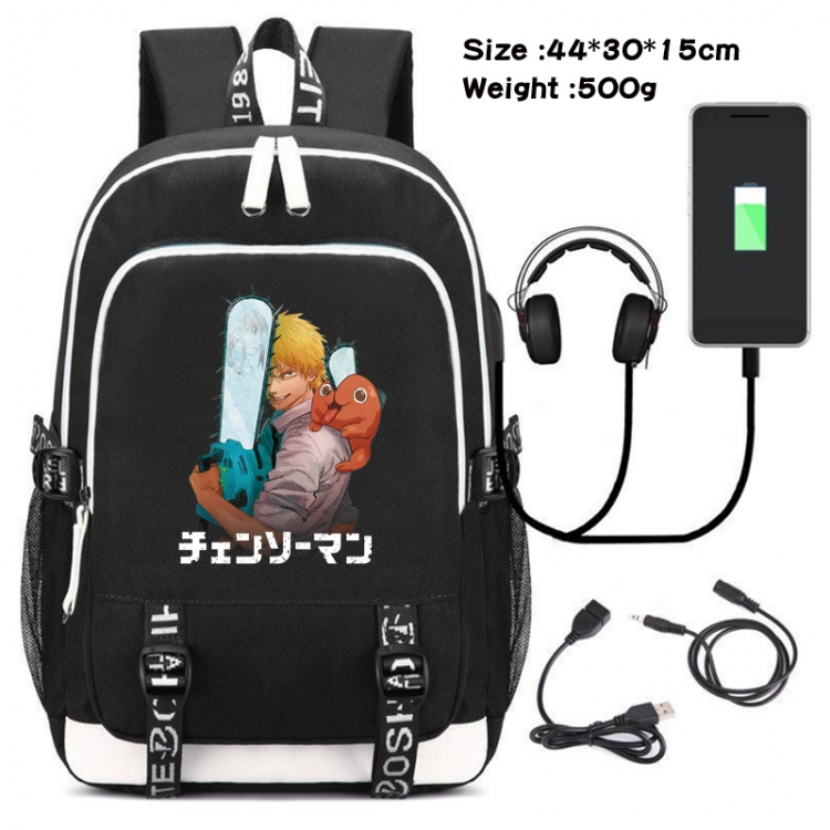 chainsaw man  Canvas Double Shoulder White Zipper Data Backpack Waterproof School Bag 44X30X15CM 