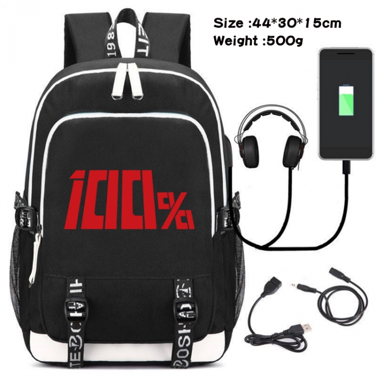 Mob Psycho 100 Canvas Double Shoulder White Zipper Data Backpack Waterproof School Bag 44X30X15CM 500G