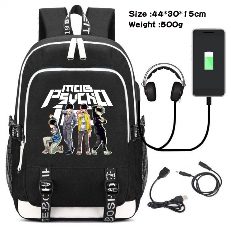 Mob Psycho 100 Canvas Double Shoulder White Zipper Data Backpack Waterproof School Bag 44X30X15CM 500G