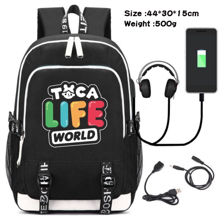 toca life world  Canvas Double Shoulder White Zipper Data Backpack Waterproof School Bag 44X30X15CM 500G