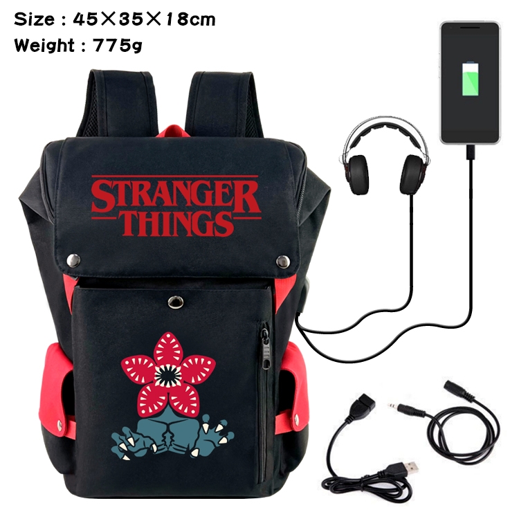 Stranger Things Anime Canvas Bucket Data Cable Backpack School Bag 45X35X18CM 775G