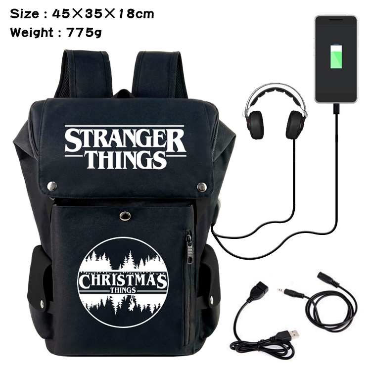 Stranger Things Anime Canvas Bucket Data Cable Backpack School Bag 45X35X18CM 775G