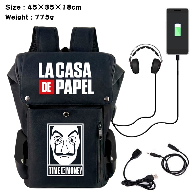 Money Heist Anime Canvas Bucket Data Cable Backpack 45X35X18CM