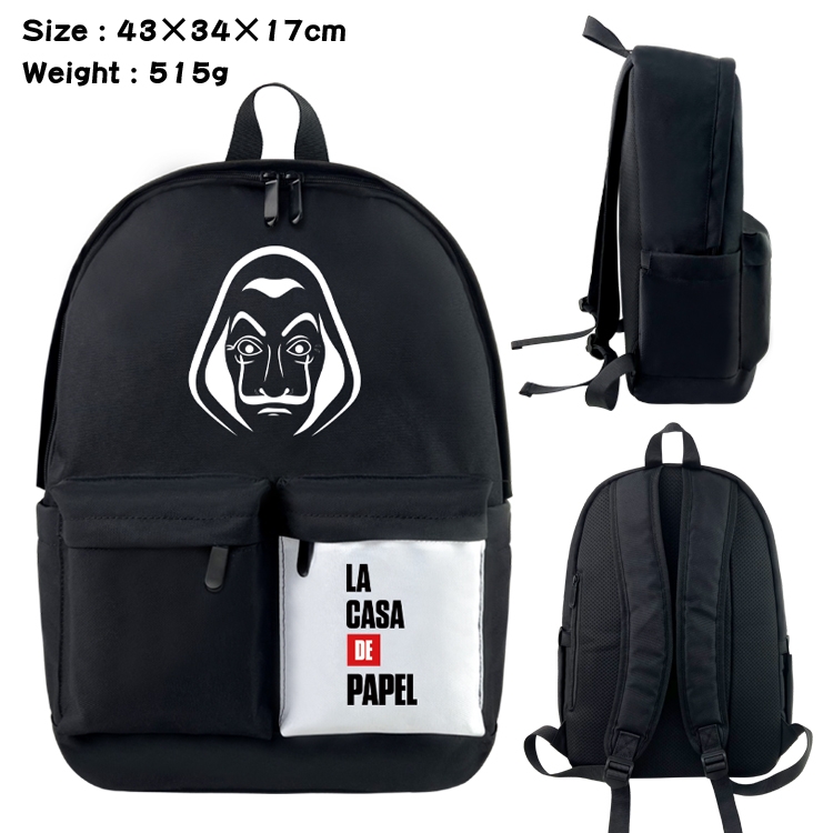 Money Heist  Anime Black and White Classic Waterproof Canvas Backpack 43X34X17CM