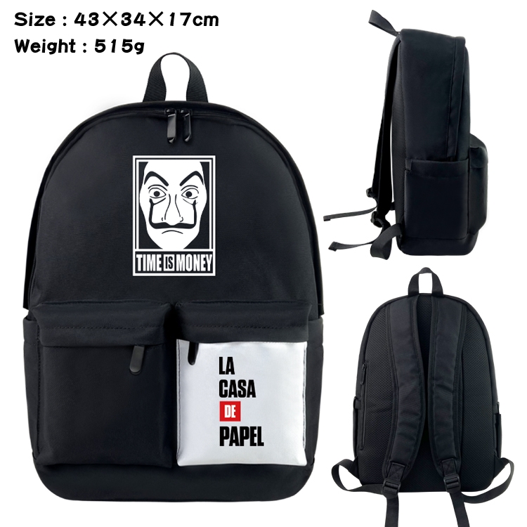 Money Heist  Anime Black and White Classic Waterproof Canvas Backpack 43X34X17CM