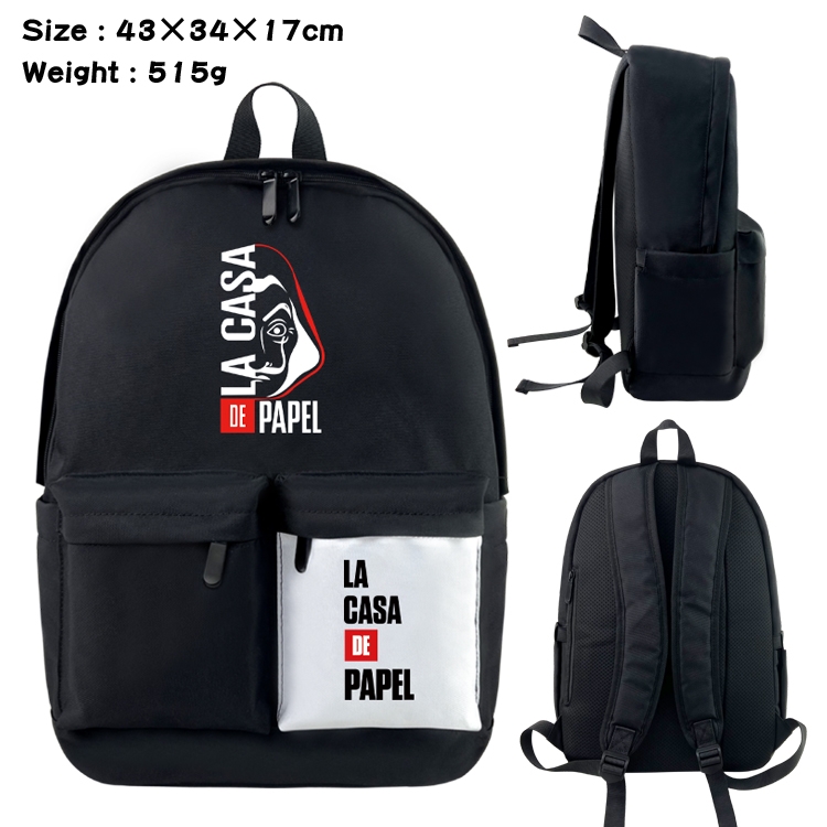 Money Heist  Anime Black and White Classic Waterproof Canvas Backpack 43X34X17CM