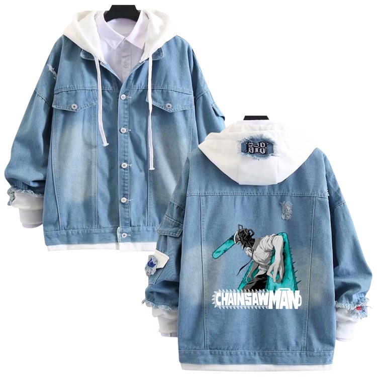 chainsaw man anime stitching denim jacket top sweater from S to 4XL