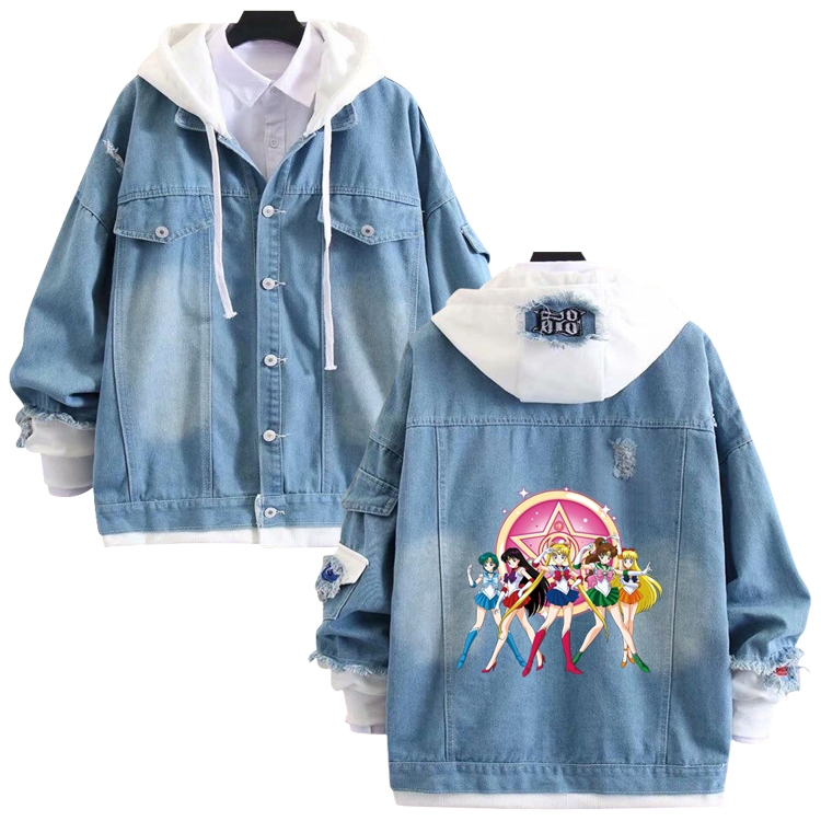 sailormoon anime stitching denim jacket top sweater from S to 4XL