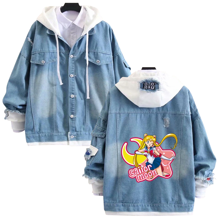 sailormoon anime stitching denim jacket top sweater from S to 4XL