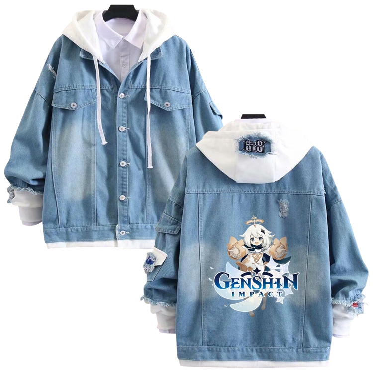 Genshin Impact anime stitching denim jacket top sweater from S to 4XL