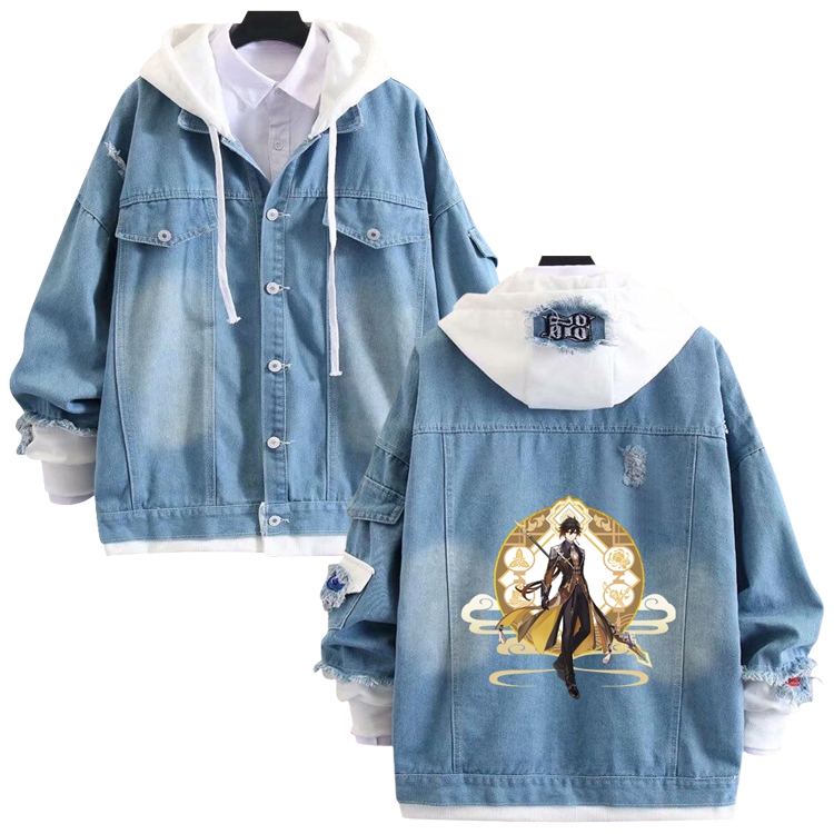Genshin Impact anime stitching denim jacket top sweater from S to 4XL