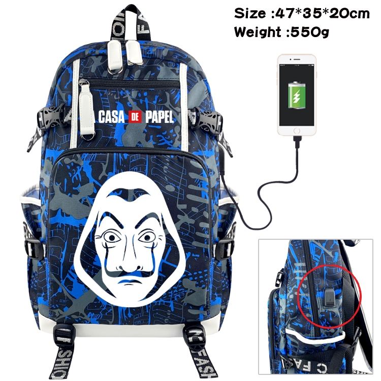 Money Heist Anime data cable camouflage print backpack schoolbag 47x35x20cm