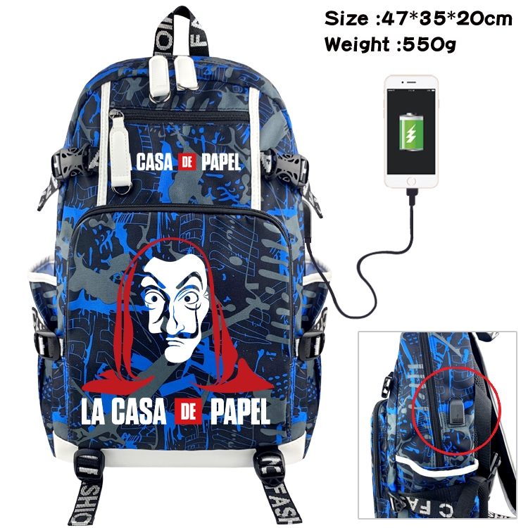 Money Heist Anime data cable camouflage print backpack schoolbag 47x35x20cm