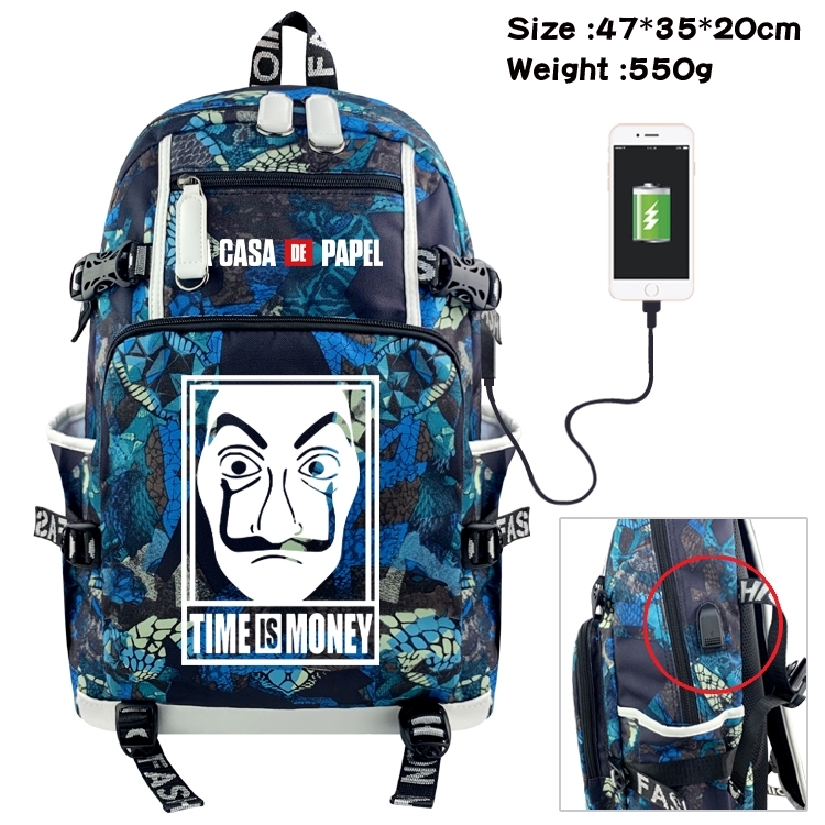 Money Heist Anime data cable camouflage print backpack schoolbag 47x35x20cm