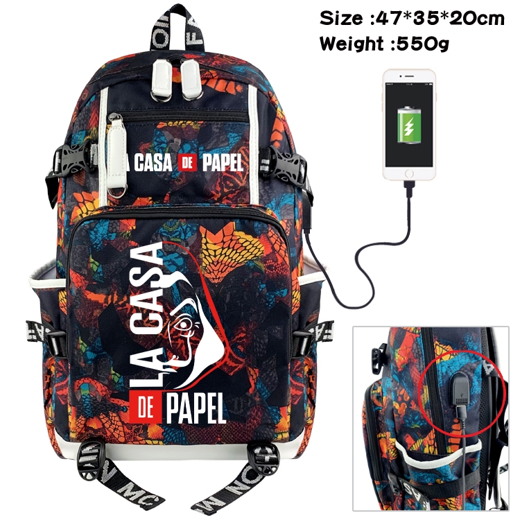 Money Heist Anime data cable camouflage print backpack schoolbag 47x35x20cm