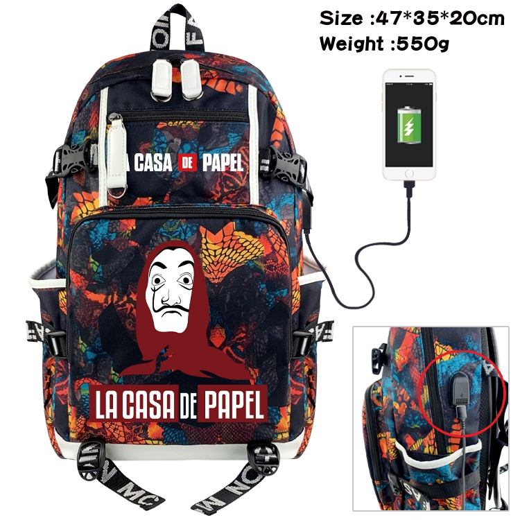 Money Heist Anime data cable camouflage print backpack schoolbag 47x35x20cm