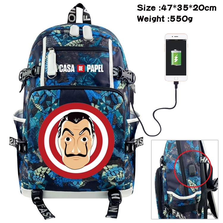 Money Heist Anime data cable camouflage print backpack schoolbag 47x35x20cm