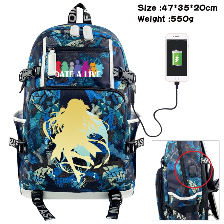Date-A-Live Anime data cable camouflage print backpack schoolbag 47x35x20cm
