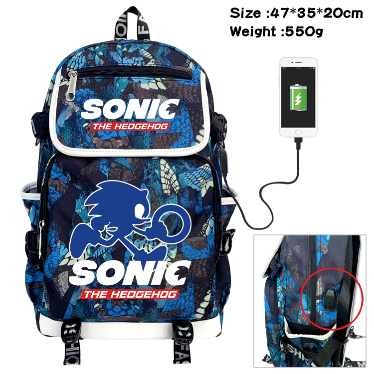 Sonic The Hedgehog Camouflage Waterproof Canvas Flip Backpack Student Schoolbag 47X35X20CM