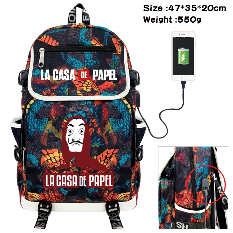 Money Heist Camouflage Waterproof Canvas Flip Backpack Student Schoolbag 47X35X20CM