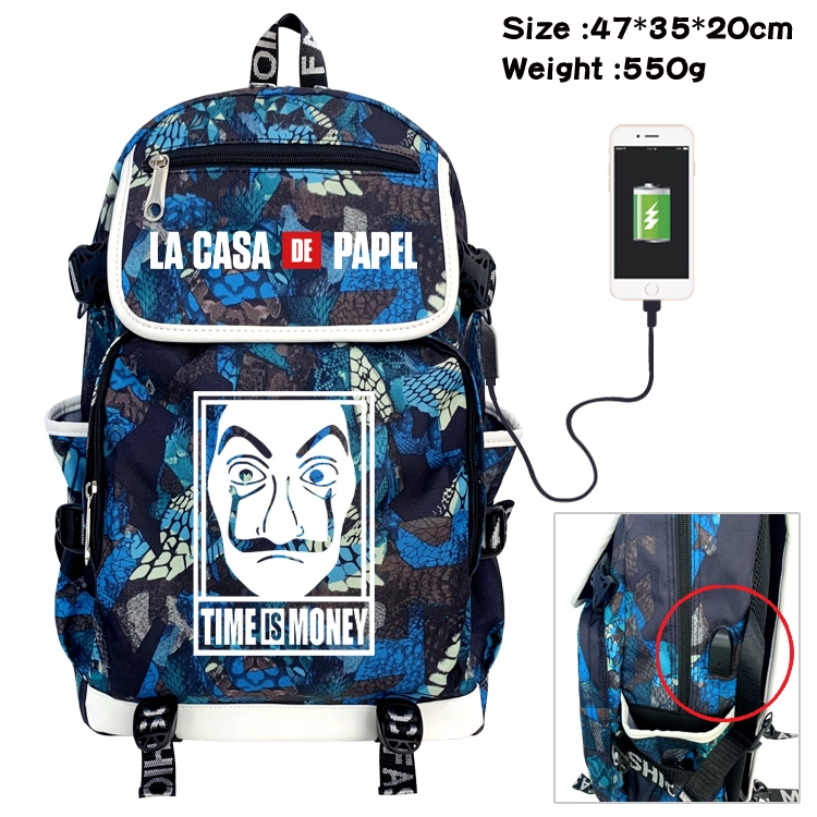 Money Heist Camouflage Waterproof Canvas Flip Backpack Student Schoolbag 47X35X20CM