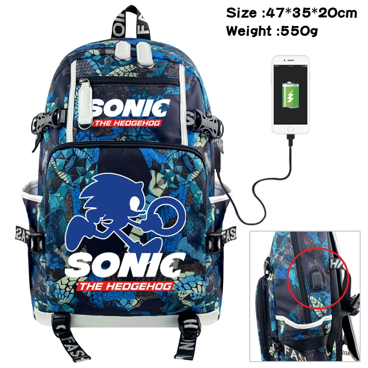  Sonic The Hedgehog Anime data cable camouflage print backpack schoolbag 47x35x20cm