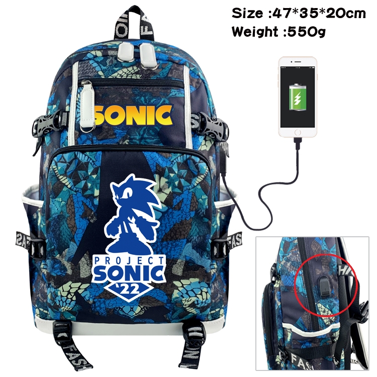  Sonic The Hedgehog Anime data cable camouflage print backpack schoolbag 47x35x20cm