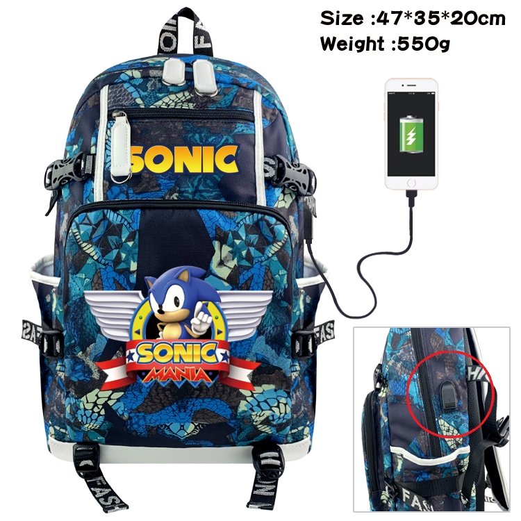  Sonic The Hedgehog Anime data cable camouflage print backpack schoolbag 47x35x20cm