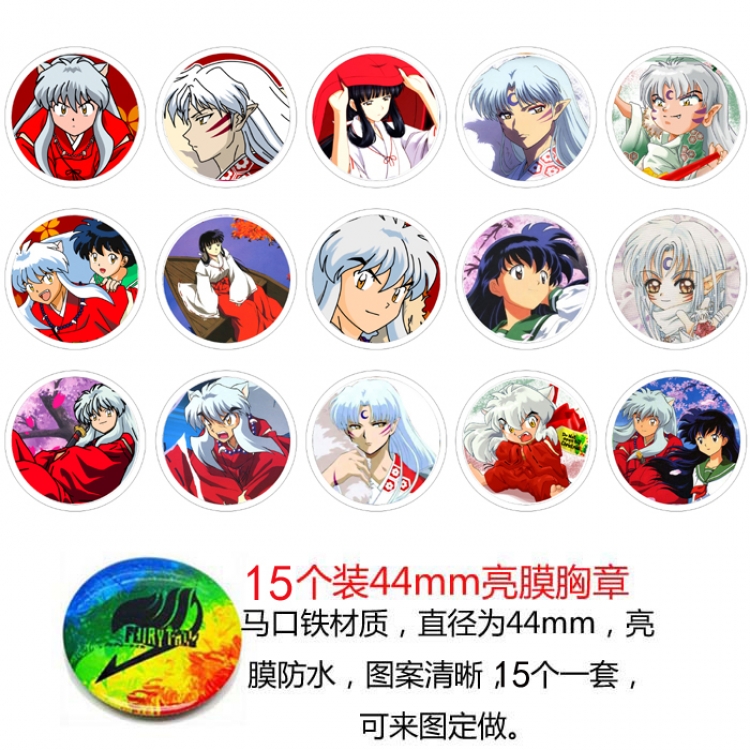 Inuyasha Anime round Badge Bright film badge Brooch 44mm a set of 15
