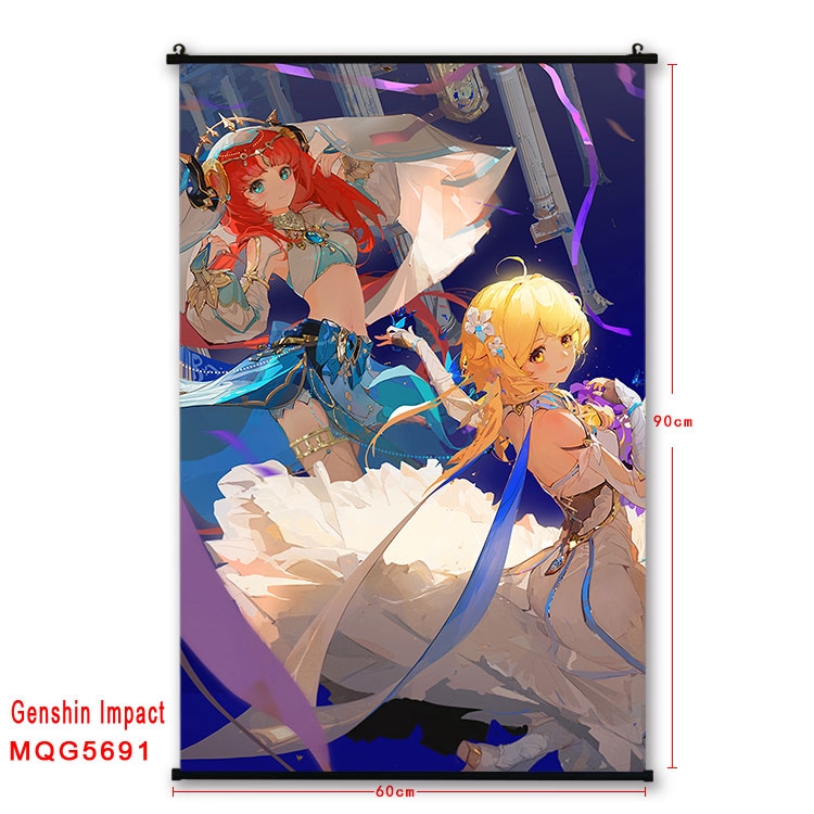 Genshin Impact Anime black Plastic rod Cloth painting Wall Scroll 60X90CM MQG-5691