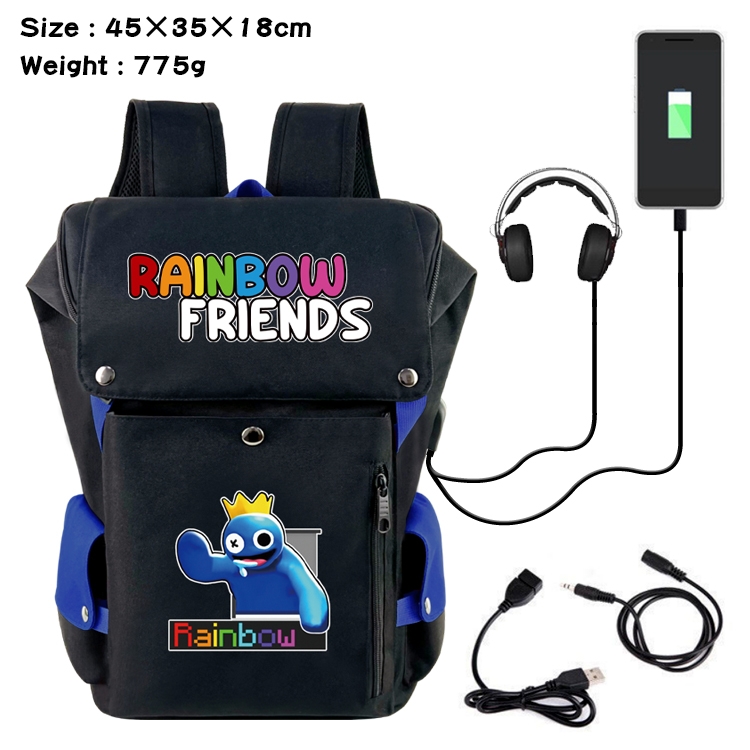 Rainbow friends Anime canvas color blocking data cable backpack 45X35X18CM