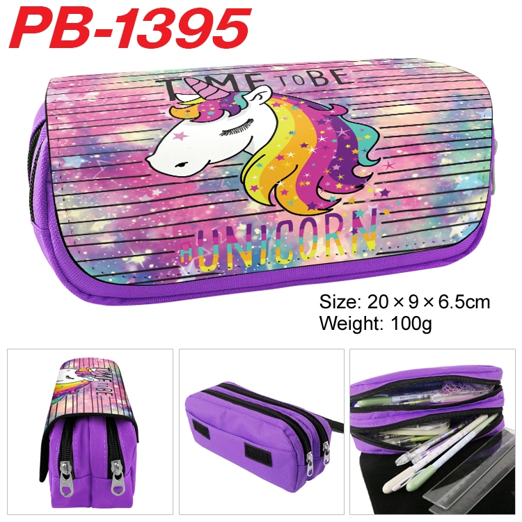 Unicorn Cartoon double-layer zipper canvas stationery case pencil Bag 20×9×6.5cm  PB-1395