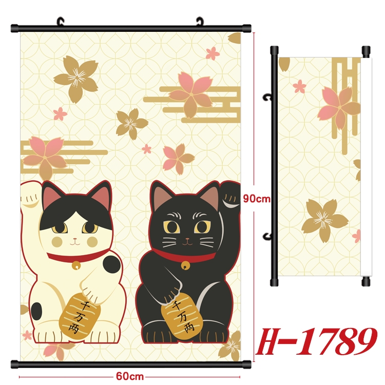 Fortune cat Cartoon Black Plastic Rod Canvas Painting Wall Scroll 60X90CM H-1789