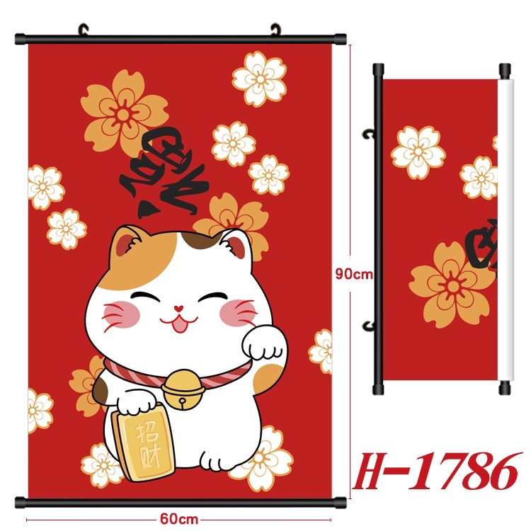 Fortune cat Cartoon Black Plastic Rod Canvas Painting Wall Scroll 60X90CM H-1786